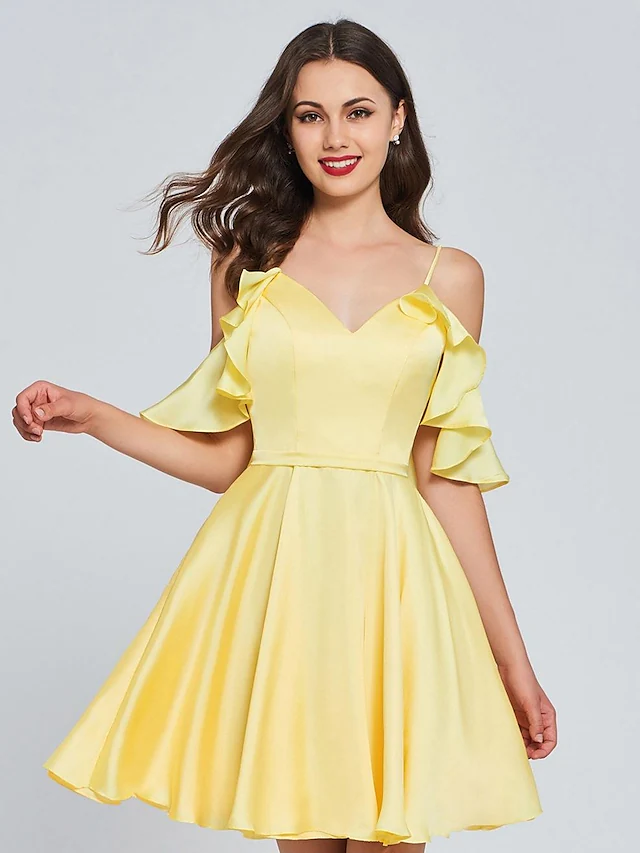 A-Linie, minimalistisch, sexy, Verlobungs-, Cocktail-Partykleid, V-Ausschnitt, ärmellos, knielang, Satin mit Falten